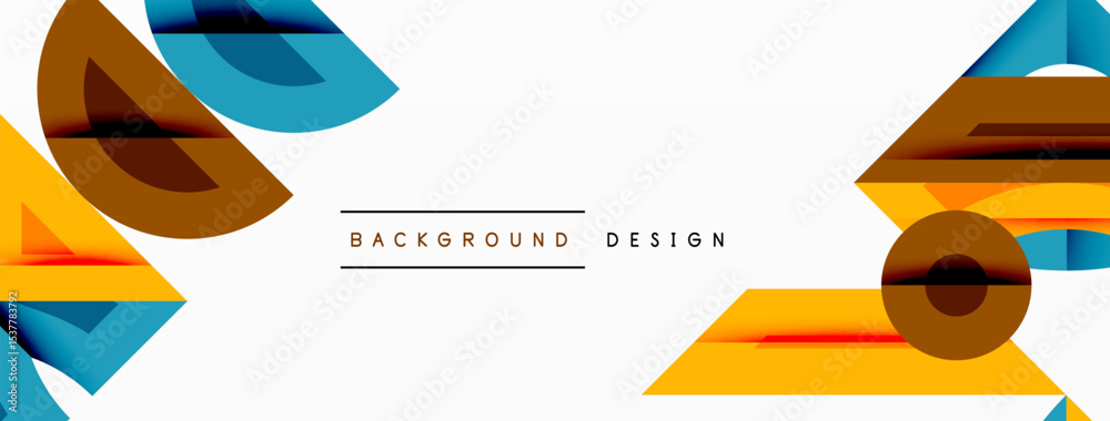 Poster abstract geometric shapes overlap, creating dynamic composition. bright colors contrast against whit