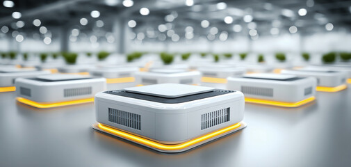 Futuristic server units with glowing edges in large data center, showcasing advanced technology and microservices architecture