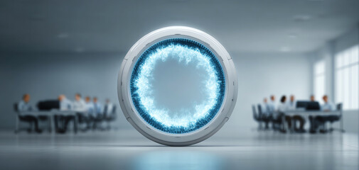 Futuristic quantum encryption wall with glowing blue energy in modern office, symbolizing advanced cybersecurity and digital protection