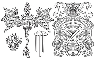 Design set with fantasy illustrations of dragon, swords and decorated elements for tattoo, print, tarot cards. Vector line art drawings isolated on white. Mystic, epic and adventures concept 