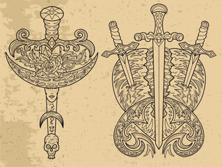 Design set with fantasy illustrations swords of and decorated elements for tattoo, print, tarot cards. Vector line art drawings. Mystic, epic and adventures concept 
