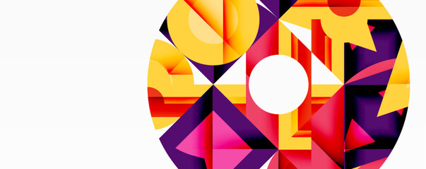 Abstract geometric composition. Vivid colors blend, creating dynamic circular design. Shapes overlap, forming complex pattern. Modern aesthetic.