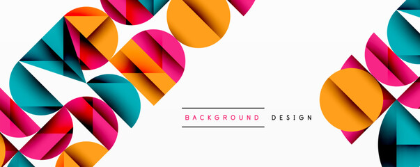 Abstract geometric shapes overlap, creating vibrant colorful background. Modern design elements suggest dynamic visual experience.