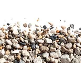 A collection of pebbles with different sizes and textures isolated on transparent background, creating a natural background.