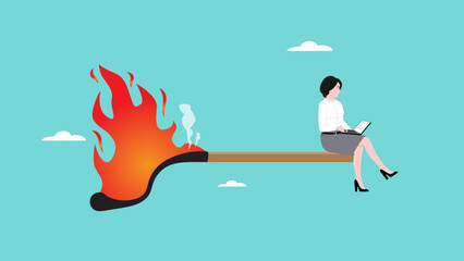 managing project deadline, focused businesswoman on working on a project using a laptop while sitting on a burning matchstick concept vector illustration