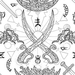 Seamless pattern with fantasy illustrations of swords, demons, mystic signs and decorated elements. Vector line art background with vintage, epic and adventures concept 