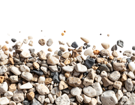 A collection of pebbles with different sizes and textures isolated on transparent background, creating a natural background.