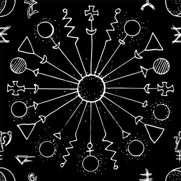 Seamless pattern with fantasy and mystic symbols, sacred geometry and decorated elements on black. Vector line art background with vintage, epic and adventures concept 