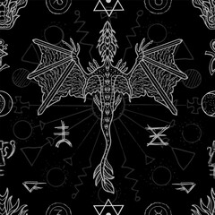 Seamless pattern with fantasy illustrations of dragon, sacred geometry, mystic symbols and decorated elements. Vector line art background with vintage, epic and adventures concept 