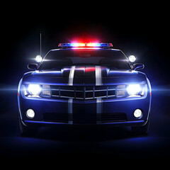 Police car front view in dark background. Possible use Stock photo for law enforcement or crime scenes