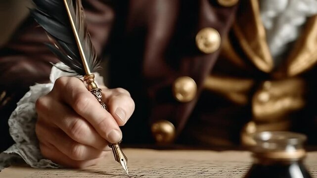 Hand writing with quill pen on parchment in vintage style creating manuscript, historical scene
