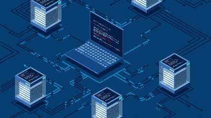 Abstract isometric high technology animation. Cloud storage isometric illustration. Big data center with server. Server room. 4K video animated in isometric style - Powered by Adobe