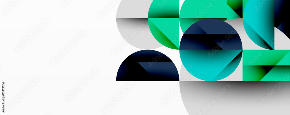 Poster abstract geometric shapes overlap, creating dynamic composition. teal, navy, white hues dominate des