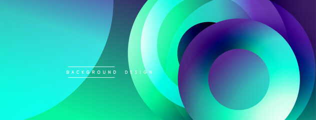 Abstract colorful design. Overlapping circles create dynamic visual effect. Gradient shades blend turquoise, purple, blue hues. Modern background.