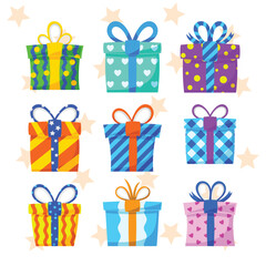 Gift Box Present with Various Bright Colorful Wrapper Cartoon Vector Set Collection