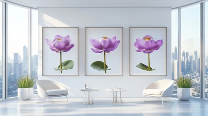 Three framed prints of a single, vibrant purple lotus flower.