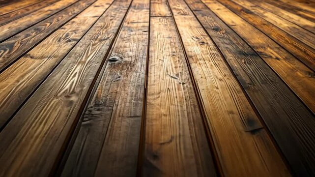 Rich brown wood planks converging to a vanishing point, showing texture and grain variations