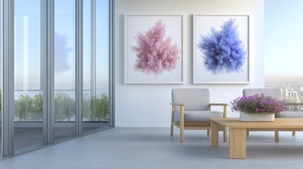 Modern indoor balcony scene with abstract artwork.