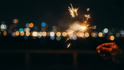 Sparkling Celebration: Hand holding a sparkler against the bokeh lights of a cityscape at night, capturing the joy of festive moments. - Powered by Adobe