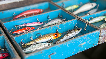 Fishing lures in blue containers