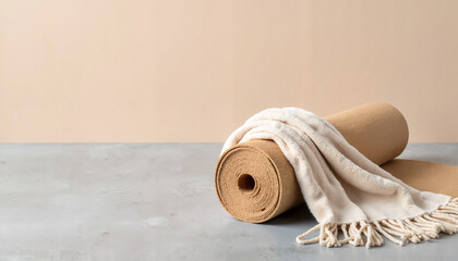 Rolled brown paper with soft blanket on concrete surface against wall  