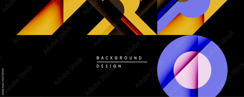 Poster abstract geometric shapes dominate black background. vivid orange, yellow, blue hues create dynamic 