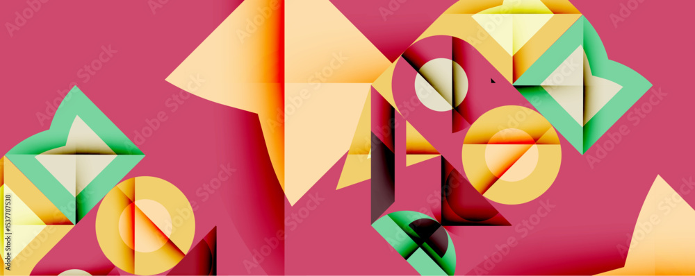 Aufkleber Abstract geometric composition. Shapes overlap, creating dynamic visual interest. Warm yellows, cool greens contrast against deep red background. Modern design elements present.
