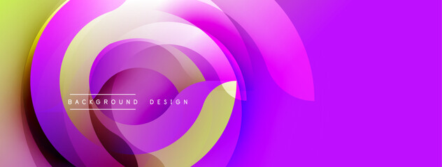 Abstract vibrant design. Circular layers create dynamic flow, purple dominates, yellow accents present. Modern aesthetic.