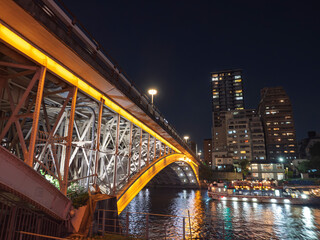 夜の川と船と橋