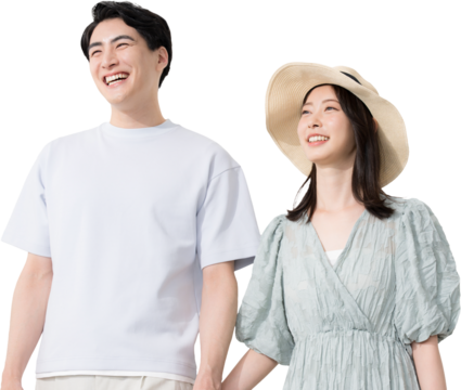 Easy-to-use transparent (png) background composite image of a couple on a summer getaway, leisure or resort trip, honeymoon or summer vacation.