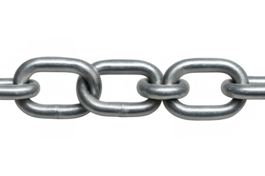 Metallic chain links connecting, interlocking against transparent backdrop, representing industrial strength and networking