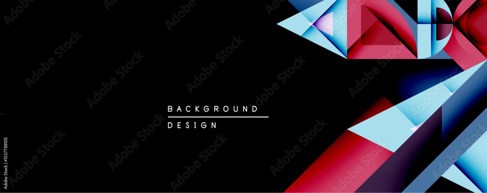 Poster abstract geometric shapes dominate dark background. red, blue, pink hues create dynamic composition.