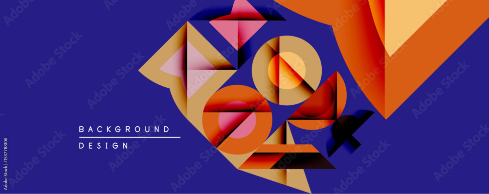 Aufkleber Abstract geometric composition. Overlapping shapes create dynamic visual effect. Warm colors contrast with deep blue background. Modern design element.