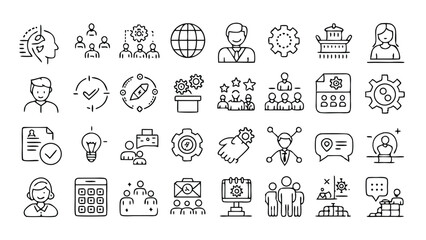 Teamwork Line Art Icon Set – 32 Outline Icons | Collaboration & Groupwork Vector