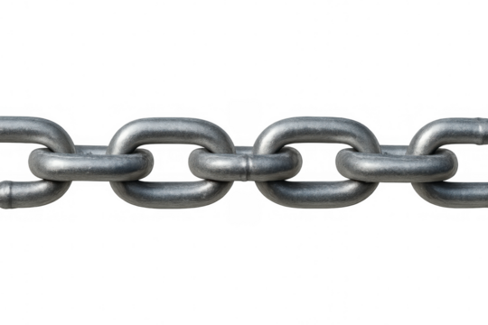 Metallic chain displaying interlocking links, symbolizing strength, connectivity, industrial resilience against transparent backdrop