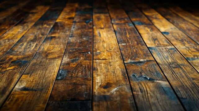 Richly-toned, dark brown wood planks floor; aged, rustic texture with visible grain and knots