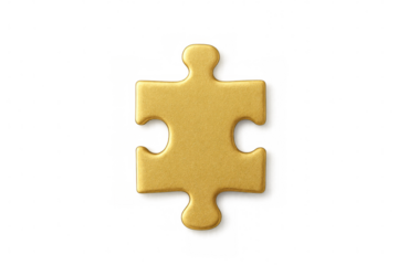 Single golden jigsaw puzzle piece isolated on a transparent background, representing problem-solving, strategy, and connection