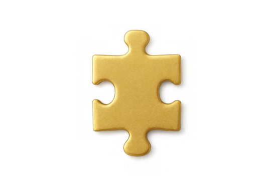 Single golden jigsaw puzzle piece isolated on a transparent background, representing problem-solving, strategy, and connection