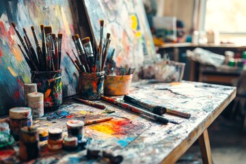 Fototapeta premium A digital artist's studio with creative tools and vibrant artworks, Creative scene, Digital artistry style