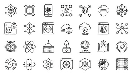 Quantum Technology Icon Set &ndash; 36 Outline Icons, Vector Science Line Art