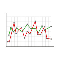 Statistical graph icon. Red green chart. Point connected lines. Vector grid shape.