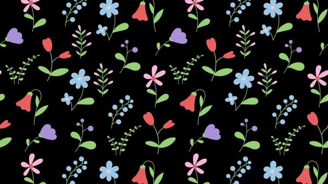 Floral seamless pattern animation. Summer hand drawn flower. Wildflower and leaves. Floral seamless background. Garden plant illustration. Transparent background with alpha channel