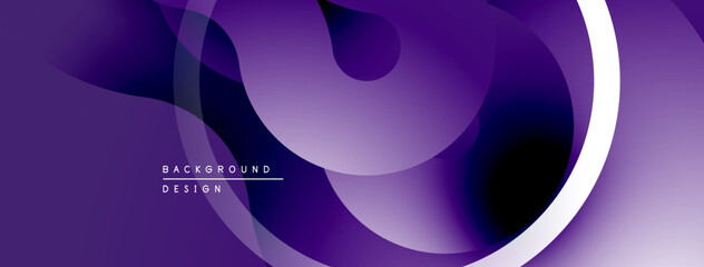 Abstract purple design features overlapping translucent shapes. Gradient hues create depth, modern aesthetic. Minimalist composition.