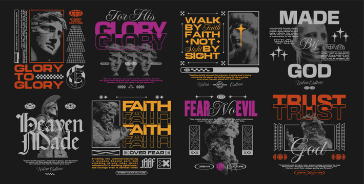 Christian streetwear t-shirt design bundle, Faith urban design set for print, Renaissance statue graphic tee shirt packs, Christianity graphic for apparel, Christian quotes collection for poster