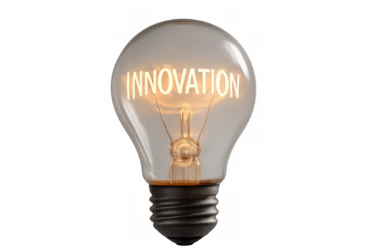 Glowing light bulb highlighting innovation word, representing breakthrough thinking against clear backdrop