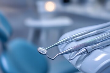 Dental tools resting on a surface with a blurred blue background, suggesting a professional dental setting.