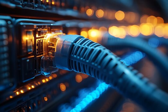 Close up of ethernet cable plugged into server data center network equipment