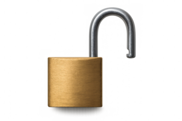 Brass padlock with steel shackle, symbolizing unlocking security and personal privacy against transparent backdrop
