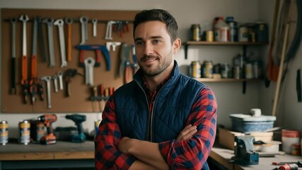 Confident carpenter smiling with crossed arms in his well organized workshop, various tools hanging on the wall and placed on workbench, showcasing craftsmanship and expertise