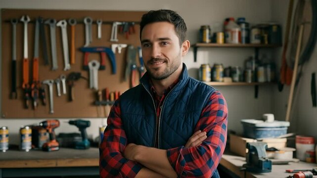 Confident carpenter smiling with crossed arms in his well organized workshop, various tools hanging on the wall and placed on workbench, showcasing craftsmanship and expertise - Powered by Adobe